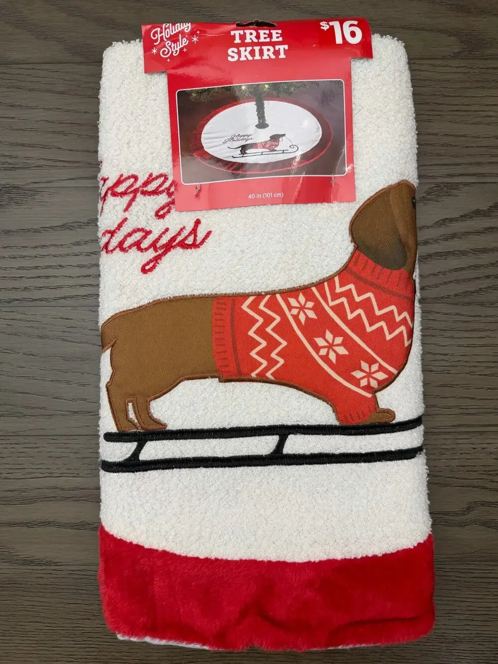 NWT Dachshund Christmas Tree Skirt 40” Happy Holidays Red Faux Fur Trim
